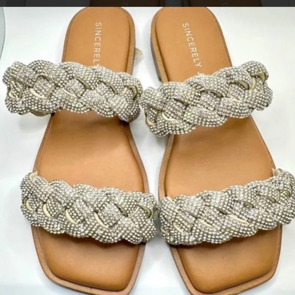 Sincerely Jules Braided Crystal-Embellished Tan Slide Sandals - Ivory/Silver